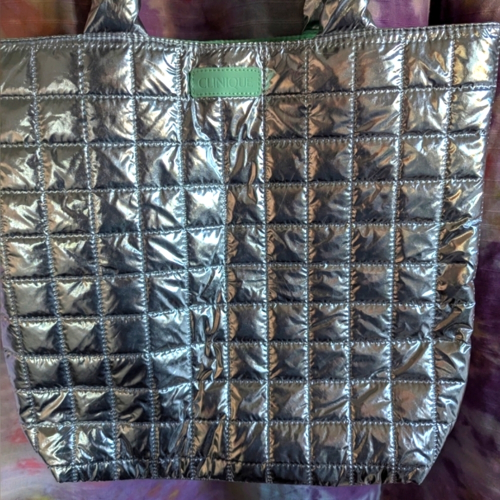 3 For $25 🌻 Clinique Silver Insulated Mint Green lined bag purse